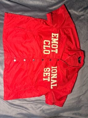 Men's Red Short-Sleeve Lightweight Shirt Jacket with Cream Lettering